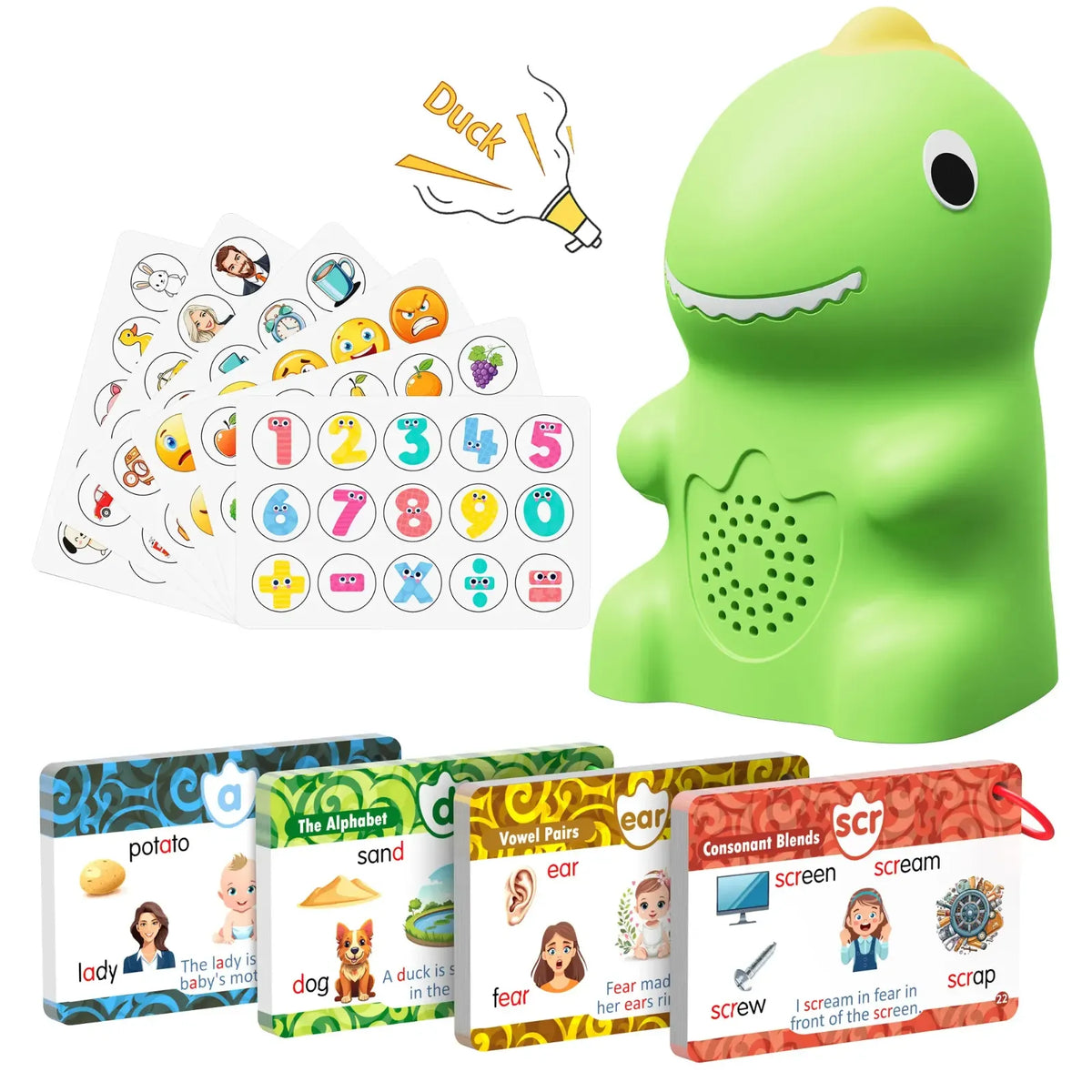Dino beside flash cards and sticker sheets